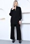 Women's Black Corded Comfortable Balloon Sleeve Knitwear Tunic Pants Bottom-Top Set