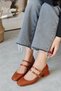 Women's Mary Jane Tan Patent Leather Closed Back Double Tape Square Toe Hard Hat Short Block Heeled Shoes - 3