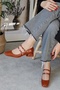 Women's Mary Jane Tan Patent Leather Closed Back Double Tape Square Toe Hard Hat Short Block Heeled Shoes - 2