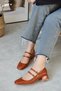 Women's Mary Jane Tan Patent Leather Closed Back Double Tape Square Toe Hard Hat Short Block Heeled Shoes - 4
