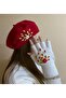 Valentine's Day Red Pearl Flower Embroidered French Painter Beret and Cut Fingers Gloves Set