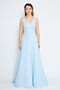 Women's Back Bow Ornamental Buttoned V-Neck Maxi Flared Baby Blue Evening Dress - 4