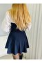 Navy Blue Striped Strapless Bustier Skirt Set - 2