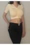 Women's Cream Lycra Front Gathered Crop V-Neck Short Sleeve T-Shirt - 3