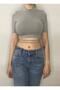 Women's Gray Lycra Back Low-Cut Crop Stand Collar Elbow Sleeve T-Shirt