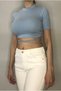 Women's Blue Lycra Back Low-Cut Crop Stand Collar Elbow Sleeve T-Shirt - 3