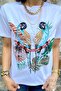 Women's White Parrot Embroidered Cotton T-Shirt