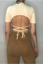 Women's Cream Lycra Back Low-Cut Crop Stand Collar Elbow Sleeve T-Shirt - 5