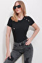 Women's Black Crew Neck Gold Buttoned Knitted Blouse ALC-X11575 - 2