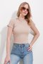 Women's Beige Crew Neck Drop Low-cut Half Sleeve Knitted Blouse ALC-X11546 - 4