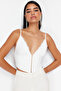 Bridal Beyaz Crop Astarlı Agraflı Dokuma Dantel Büstiyer TPRAW23BS00045 - 2