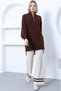 Women's Brown Beige Corded Comfortable Balloon Sleeve Knitwear Tunic Pants Bottom-Top Set
