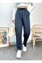 Women's Anthracite Modal Mixed Fabric Striped Baggy Trousers with Elastic Waist Pockets - 7