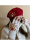 Valentine's Day Red Pearl Flower Embroidered French Painter Beret and Cut Fingers Gloves Set - 2