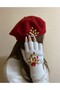 Valentine's Day Red Pearl Flower Embroidered French Painter Beret and Cut Fingers Gloves Set - 3