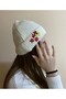 Handmade Ecru Pearl Red Flower Embroidered Beret - Valentine's Day Gift