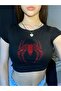 Black Red Glittered Jewelled Spiderman Spiderman Pattern Women's Crop Body - 6