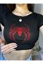 Black Red Glittered Jewelled Spiderman Spiderman Pattern Women's Crop Body - 5