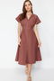 Brown Flared from the Waist Midi Woven Shirt Dress TWOSS24EL00052 - 4