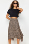 Brown Leopard Patterned Flounced Asymmetrical Midi Stretch Knitted Skirt TWOAW20ET0440 - 3