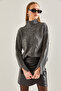 Women's Gray Half Turtleneck Hair Knit Patterned Knitwear Sweater 20234525 - 7