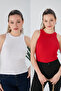 White Red Zargo Model Set of 2 Fitted Wide Piping Halter Neck Ribbed Flexible Knitted Crop Blouse