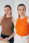 Biscuit Orange Zargo Model 2-Piece Set Fitted Wide Trim Halter Neck Corded Fabric Stretchy Knit Cropped Blouse