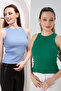 Blue Green Zargo Model Set of 2 Fitted Wide Piping Halter Neck Ribbed Flexible Knitted Crop Blouse