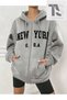 Women's New York Usa Printed Zipper Pocket Hooded Oversize Gray - 2