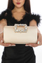 Skin Color Satin Fabric Flower Motif Stone Hand and Strap Evening Dress Portfolio Clutch Evening Bag - 3