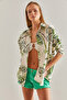 Women's Beige Green Large Leaf Patterned Casual Linen Shirt 60101021 - 2
