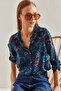 Women's Blue Folded Sleeve Floral Patterned Viscose Shirt 60101029 - 5
