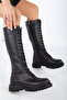 Long Women's Black Leather Laced Below the Knee Boots - 2