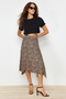 Brown Leopard Patterned Flounced Asymmetrical Midi Stretch Knitted Skirt TWOAW20ET0440