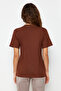 Kahverengi %100 Pamuk Bisiklet Yaka Oversize/Geniş Kalıp Örme T-Shirt TWOSS20TS0134 - 6