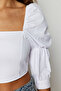 White Balloon Sleeve Square Neck Crop Woven Blouse TWOSS19XB0036 - 5