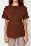 Kahverengi %100 Pamuk Bisiklet Yaka Oversize/Geniş Kalıp Örme T-Shirt TWOSS20TS0134 - 4