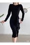 New Season Skirt Flywheel Slit Detailed Long Sleeve Flexible Crepe Fabric Black Midi Length Evening Dress581841 - 4