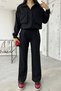 Women's Linen Fabric Bellows Pocket Detailed Shirt and Trousers Black Oversize Double Set 12093 - 7