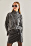 Women's Gray Half Turtleneck Hair Knit Patterned Knitwear Sweater 20234525 - 3
