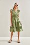 Women's Green Ruffled Elastic Waist Buttoned Flared Dress 60111036 - 6