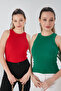 Red Green Zargo Model Set of 2 Fitted Wide Piping Halter Neck Ribbed Flexible Knitted Crop Blouse