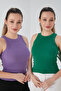 Lilac Green Zargo Model Set of 2 Fitted Wide Piping Halter Neck Ribbed Flexible Knitted Crop Blouse