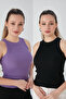 Lilac Black Zargo Model 2-Piece Set Fitted Wide Piping Halter Neck Ribbed Flexible Knitted Crop Blouse