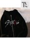 Black Printed Winter Oversize Hooded Zippered Pocket Detailed - 2