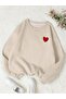 Women's Beige Small Heart Printed Oversize Crew Neck Sweatshirt