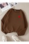Women's Brown Small Heart Printed Oversize Crew Neck Sweatshirt