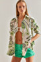 Women's Beige Green Large Leaf Patterned Casual Linen Shirt 60101021