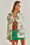 Women's Beige Green Large Leaf Patterned Casual Linen Shirt 60101021 - 5