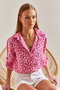 Women's Pink Folded Sleeve Patterned Viscose Shirt 60101030 - 6
